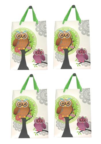 Sacs cadeaux X4 Thème CHOUETTES 3D Petit Modèle VERT avec paillettes