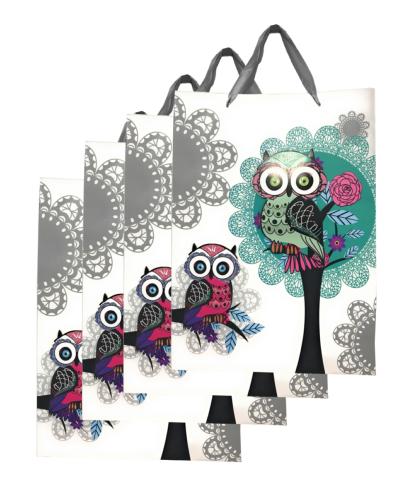 Sacs cadeaux X4 Thème CHOUETTES 3D Grand Modèle GRIS avec paillettes